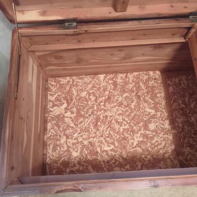 LOT 164: Wooden Chest w/ Rolling Inner Shelf (W-47.5 in, D-20 in, H-24in)