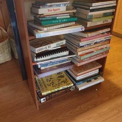 LOT 178K: Wooden Bookcase (W- 25 in, D- 8 in, H- 30in) with Assorted Cookbooks