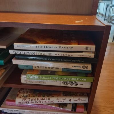LOT 178K: Wooden Bookcase (W- 25 in, D- 8 in, H- 30in) with Assorted Cookbooks