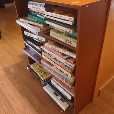 LOT 178K: Wooden Bookcase (W- 25 in, D- 8 in, H- 30in) with Assorted Cookbooks