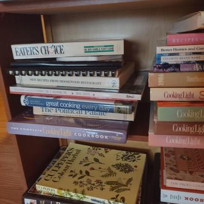 LOT 178K: Wooden Bookcase (W- 25 in, D- 8 in, H- 30in) with Assorted Cookbooks