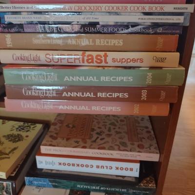 LOT 178K: Wooden Bookcase (W- 25 in, D- 8 in, H- 30in) with Assorted Cookbooks