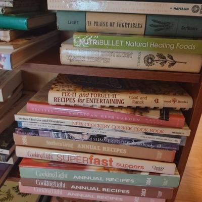 LOT 178K: Wooden Bookcase (W- 25 in, D- 8 in, H- 30in) with Assorted Cookbooks