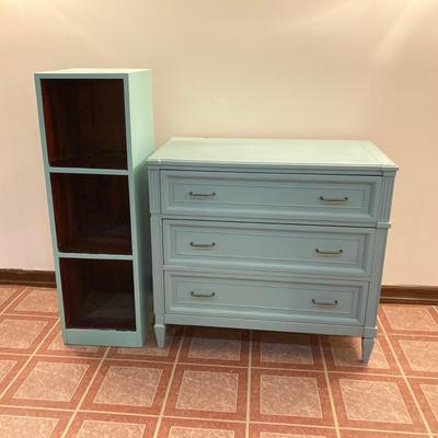 LOT 202B: Painted Wood 3 Drawer Dresser and Cube Style Shelf