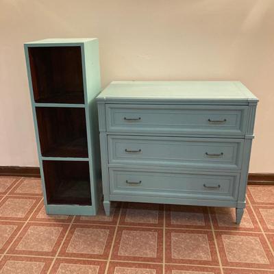 LOT 202B: Painted Wood 3 Drawer Dresser and Cube Style Shelf