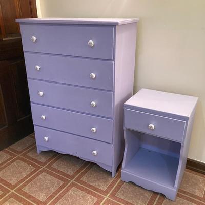 LOT 208B: Painted Wood 5 Drawer Dresser and Night Stand