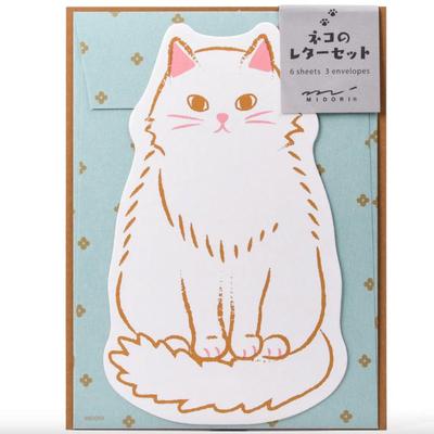 White Long Haired Cat Die-Cut Animal Notecards - Cat Design on Front w/Subtle Gray Lines for Writing on Back - Includes 6 Sheets & 3...