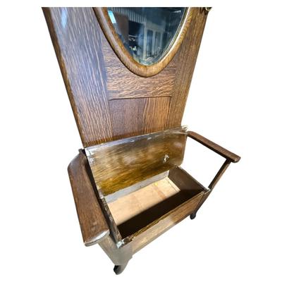 Vintage Quartersawn Mirrored Oak Hall Tree with Lifting Seat