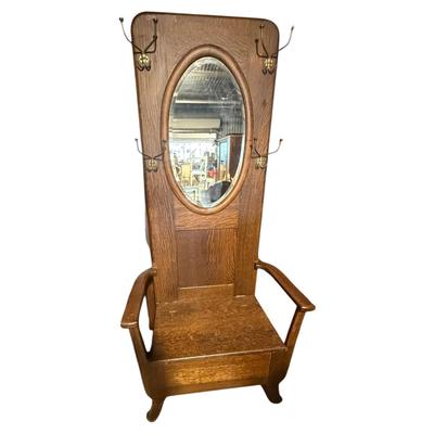 Vintage Quartersawn Mirrored Oak Hall Tree with Lifting Seat