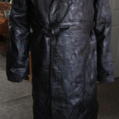 Men's faux double breasted black genuine leather trench coat