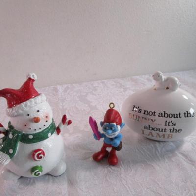 New Ceramic snowman, Pappa Smurf ornament & Ceramic Easter décor