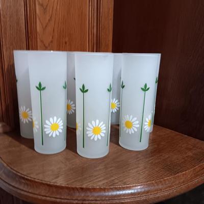 8 FROSTED RETRO FLORAL GLASSES PLUS 3 SMALLER FROSTED GLASSES