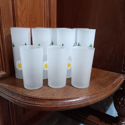 8 FROSTED RETRO FLORAL GLASSES PLUS 3 SMALLER FROSTED GLASSES