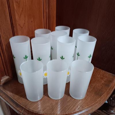 8 FROSTED RETRO FLORAL GLASSES PLUS 3 SMALLER FROSTED GLASSES