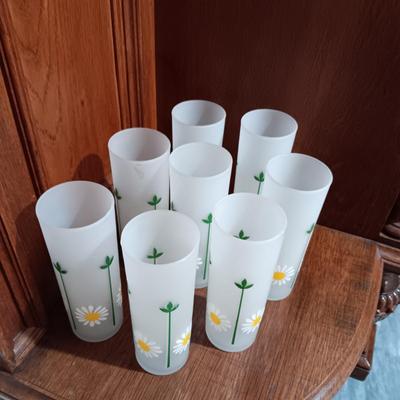 8 FROSTED RETRO FLORAL GLASSES PLUS 3 SMALLER FROSTED GLASSES