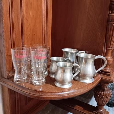 5 HAMM'S GLASSES AND 4 HEAVY PEWTER MUGS MADE IN LONDON