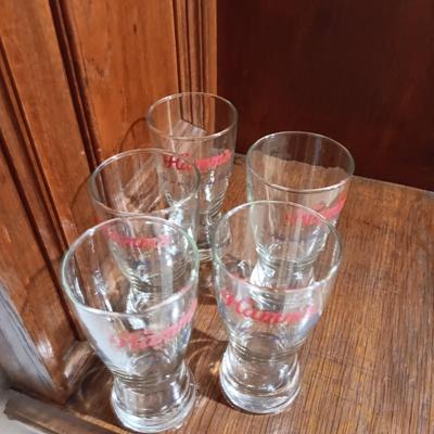 5 HAMM'S GLASSES AND 4 HEAVY PEWTER MUGS MADE IN LONDON