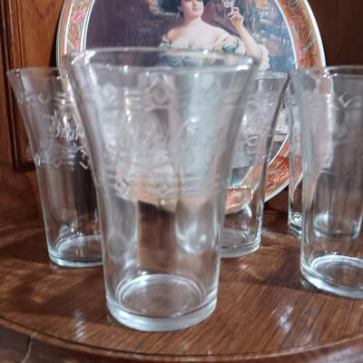 5 UNIQUE PEPSI COLA GLASSES AND A PEPSI TRAY