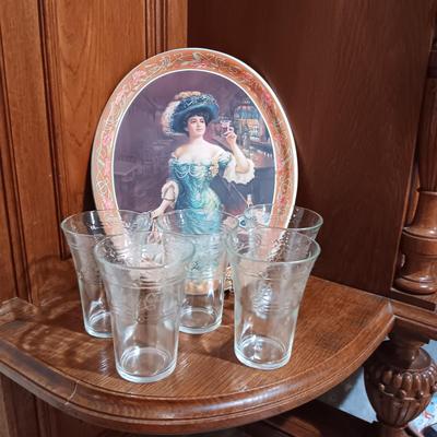5 UNIQUE PEPSI COLA GLASSES AND A PEPSI TRAY