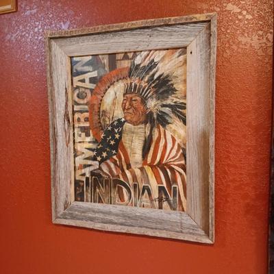 SIGNED K COOPER PAINTING "AMERICAN INDIAN" IN BARN WOOD FRAME