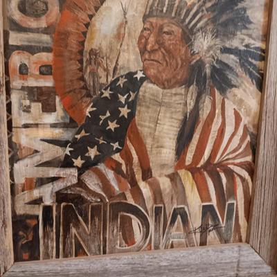SIGNED K COOPER PAINTING "AMERICAN INDIAN" IN BARN WOOD FRAME