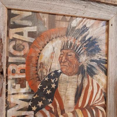 SIGNED K COOPER PAINTING "AMERICAN INDIAN" IN BARN WOOD FRAME