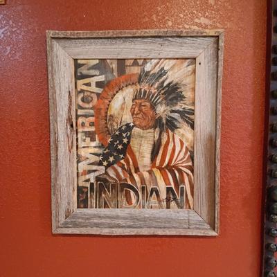 SIGNED K COOPER PAINTING "AMERICAN INDIAN" IN BARN WOOD FRAME