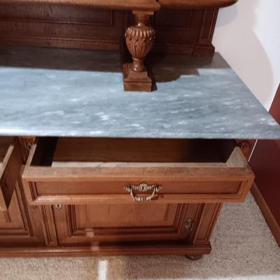 STUNNING HANDCRAFTED, HAND CARVED ANTIQUE SIDEBOARD WITH MARBLE TOP