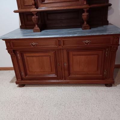 STUNNING HANDCRAFTED, HAND CARVED ANTIQUE SIDEBOARD WITH MARBLE TOP