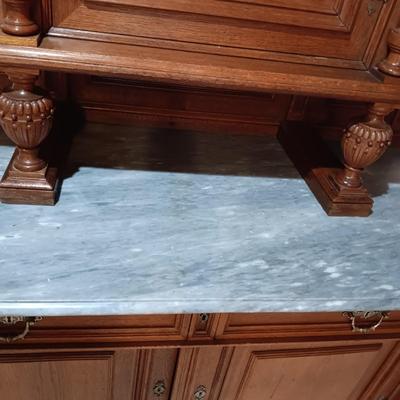 STUNNING HANDCRAFTED, HAND CARVED ANTIQUE SIDEBOARD WITH MARBLE TOP