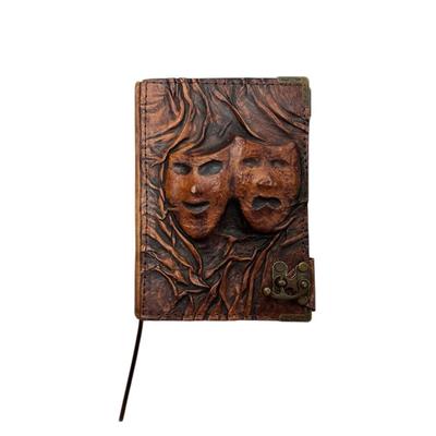 Handmade Leather Steampunk Vintage Inspired Diary Handbook Journal Book of Spells w/Drama Theater Masks w/Hook & Eye Latch - 5"...