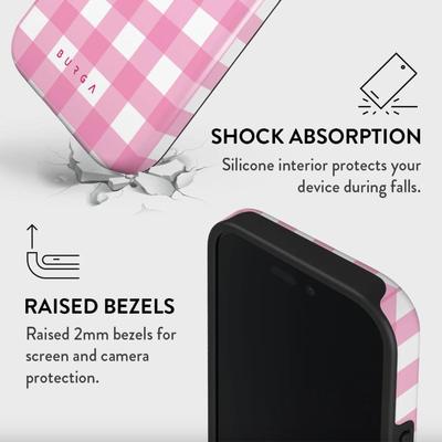 iPhone 16 BURGA Phone Case in Think Pink Gingham - Double Layer Shock Absorbent Protection, Scratch Resistant, Raised Bezels
