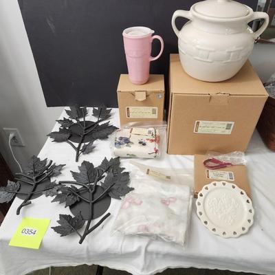 Lot of Longaberger Pottery Cookie Jar Pink Travel Mug Napkins Sweetest Heart Candle Plate Wrought Iron Centerpieces