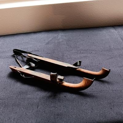 ANTIQUE WOODEN ICE SKATES WITH STEEL BLADES & LEATHER STRAPS