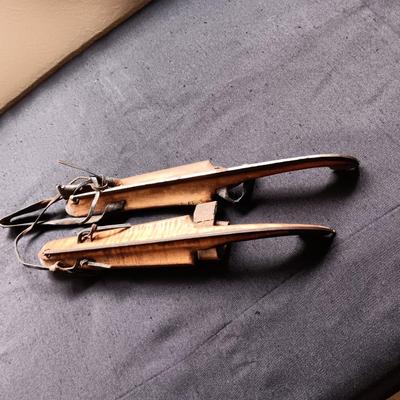 ANTIQUE WOODEN ICE SKATES WITH STEEL BLADES & LEATHER STRAPS