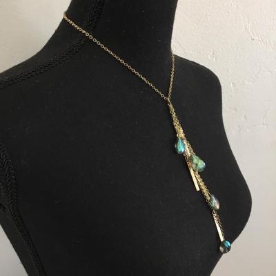 Beautiful, gold tone, rainbow, crystal or glass Y necklace