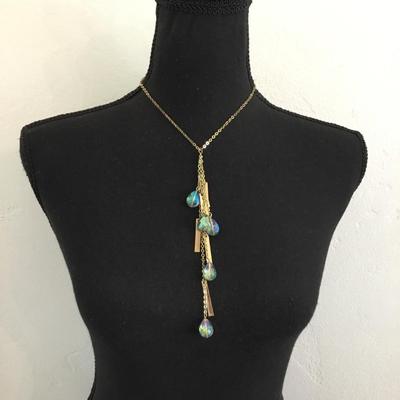 Beautiful, gold tone, rainbow, crystal or glass Y necklace