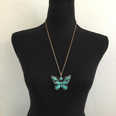 Beautiful, silver, toned, mid century butterfly, rhinestone pendant necklace