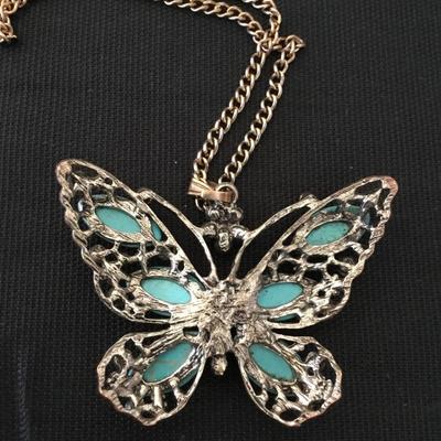 Beautiful, silver, toned, mid century butterfly, rhinestone pendant necklace