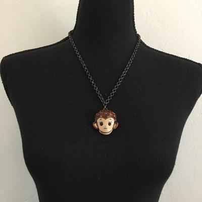 Vintage Betsey Johnson, crystal brown monkey pendant necklace