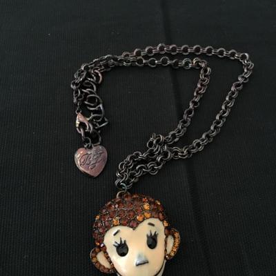 Vintage Betsey Johnson, crystal brown monkey pendant necklace