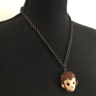 Vintage Betsey Johnson, crystal brown monkey pendant necklace