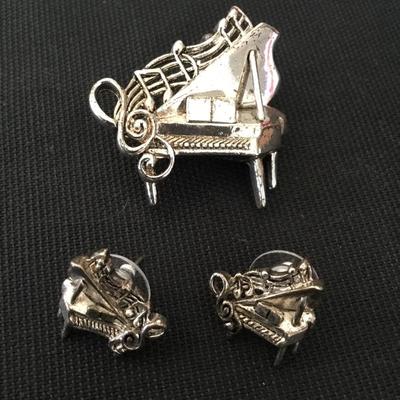Vintage, silver toned, grand, piano, brooch, and stud earrings, matching set