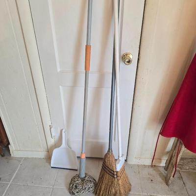Brooms mop and dustpan