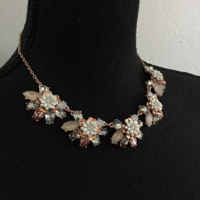 Beautiful rose, gold, rhinestone, white flower statement, necklace