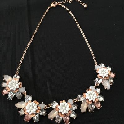Beautiful rose, gold, rhinestone, white flower statement, necklace