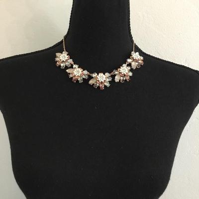 Beautiful rose, gold, rhinestone, white flower statement, necklace