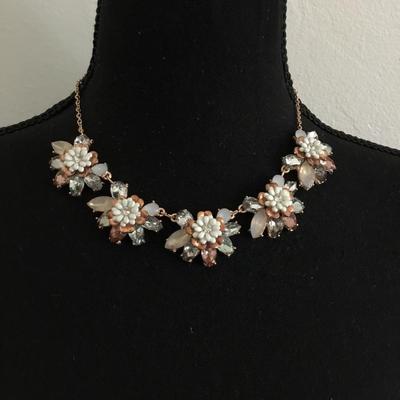 Beautiful rose, gold, rhinestone, white flower statement, necklace