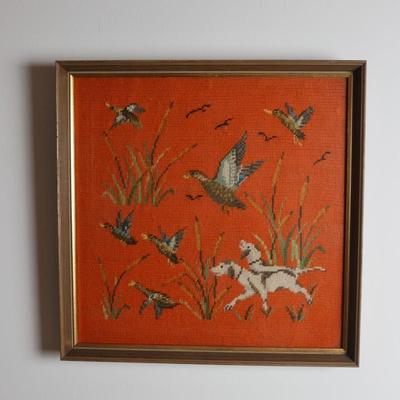 Framed Needlepoint Dogs Hunting Wall Hanging