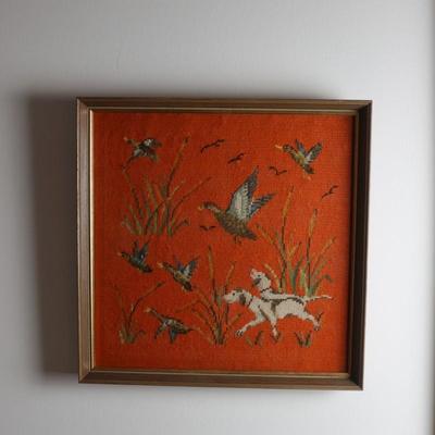 Framed Needlepoint Dogs Hunting Wall Hanging